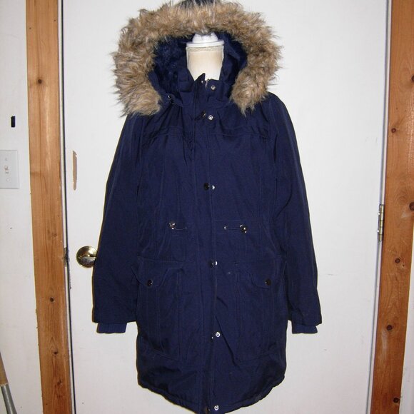Navy Blue Winter Coat With Faux Fur Trim M - Picture 1 of 9